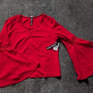 Design Lab Lord & Taylor Red Bell-Sleeve Lace-Trim Top